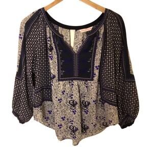Rebecca Taylor blue White floral silk BoHo 3/4 sleeve Blouse/Top sz 4
